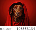 Superhero rescue dog in a red cloak on red background isolated AI 108553134