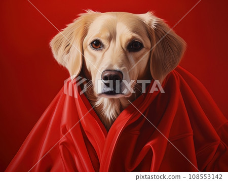 Superhero rescue dog in a red cloak on red background isolated AI 108553142