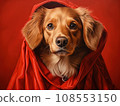 Superhero rescue dog in a red cloak on red background isolated AI 108553150