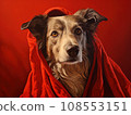 Superhero rescue dog in a red cloak on red background isolated AI 108553151