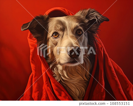 Superhero rescue dog in a red cloak on red background isolated AI Superhero rescue dog in a red cloak on red background isolated AI 108553151
