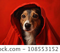 Superhero rescue dog in a red cloak on red background isolated AI 108553152