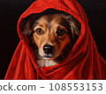 Superhero rescue dog in a red cloak on red background isolated AI 108553153