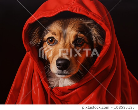 Superhero rescue dog in a red cloak on red background isolated AI 108553153