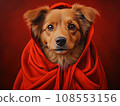 Superhero rescue dog in a red cloak on red background isolated AI 108553156