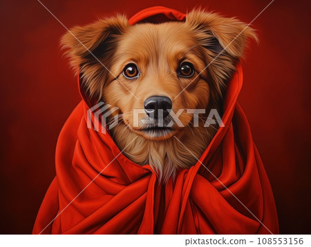Superhero rescue dog in a red cloak on red background isolated AI Superhero rescue dog in a red cloak on red background isolated AI 108553156
