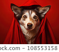 Superhero rescue dog in a red cloak on red background isolated AI 108553158