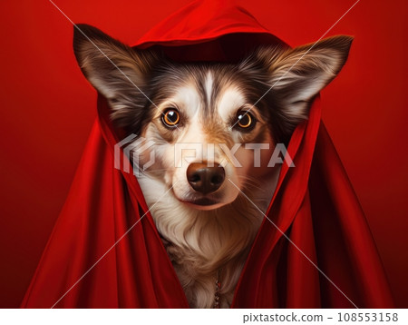Superhero rescue dog in a red cloak on red background isolated AI Superhero rescue dog in a red cloak on red background isolated AI 108553158