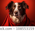 Superhero rescue dog in a red cloak on red background isolated AI 108553159
