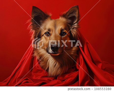 Superhero rescue dog in a red cloak on red background isolated AI Superhero rescue dog in a red cloak on red background isolated AI 108553160