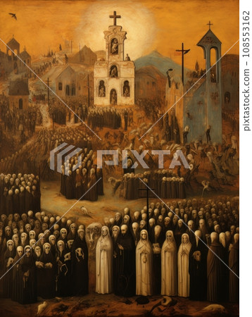 All Saints Day, the souls of the dead return home, oil illustration AI All Saints Day, the souls of the dead return home, oil illustration AI 108553162