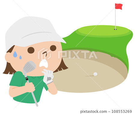 Golf illustration. A woman in trouble in front of a sand bunker. 108553269