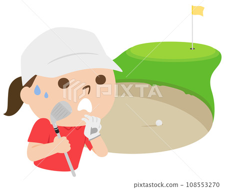 Golf illustration. A woman in trouble in front of a sand bunker. 108553270
