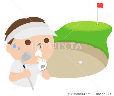 高爾夫插圖。一名男子在沙坑前陷入困境。 高爾夫插圖。一名男子在沙坑前陷入困境。 108553273