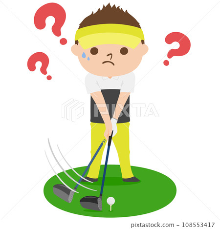 Golf illustration. Tee off. A man is worried about his driver swing. Golf illustration. Tee off. A man is worried about his driver swing. 108553417
