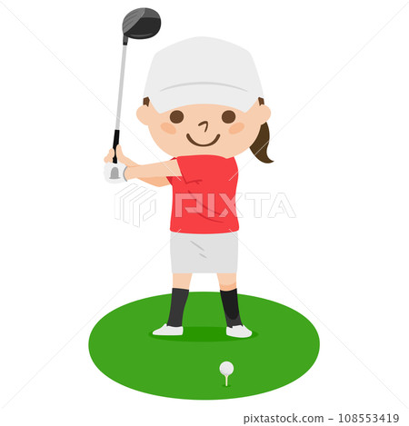 Golf illustration. Tee off. A woman holding a driver. Golf illustration. Tee off. A woman holding a driver. 108553419