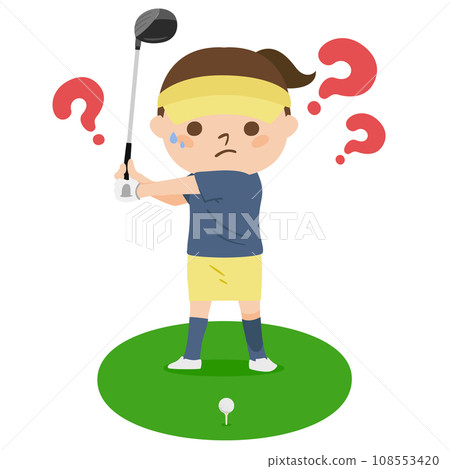 Golf illustration. Tee off. A woman is worried about her driver swing. Golf illustration. Tee off. A woman is worried about her driver swing. 108553420