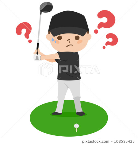 高爾夫插圖。開球。一名男子擔心他的發球桿擺動。 高爾夫插圖。開球。一名男子擔心他的發球桿擺動。 108553423