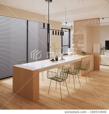 3d rendering of a beige room with dining table, beautiful apartment interior design. 108553640