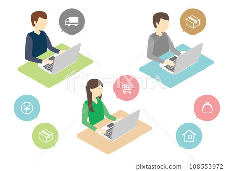 A man and a woman working on a computer at a desk 108553972