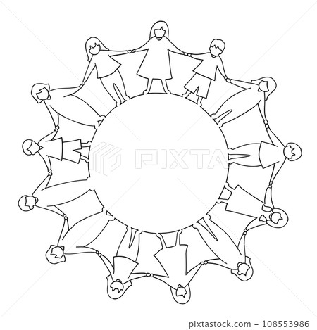 兒童手牽手的圓形線條畫插圖,黑白 兒童手牽手的圓形線條畫插圖,黑白 108553986
