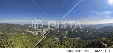 Majestic view from the summit of Mt. Yumitate (panoramic photo) Tokigawa Town, Saitama Prefecture (aerial shot by drone) 108554123