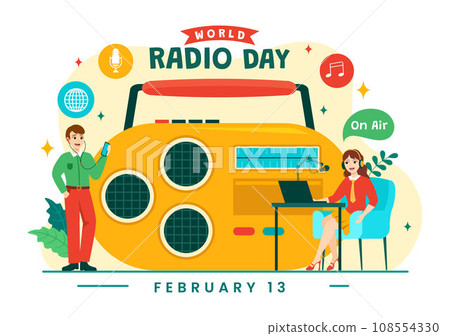World Radio Day Vector Illustration on 13 February for Communication Media Used and Listening Audience in Flat Cartoon Background Design 108554330