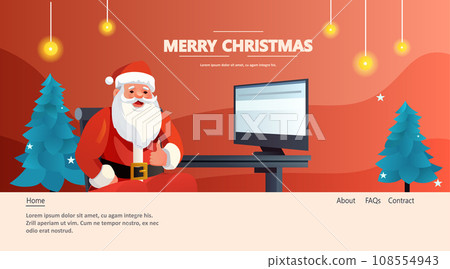 santa claus in red costume and hat sitting at workplace with thumbs up gesture christmas eve holiday happy new year celebration 108554943