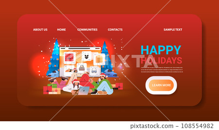 women in santa hats choosing clothes in online shop style advice generation new year holidays celebration concept women in santa hats choosing clothes in online shop style advice generation new year holidays celebration concept 108554982