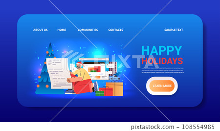 man tourist in santa hat request special accommodations or services discover new horizon travel tourism start adventure happy new year man tourist in santa hat request special accommodations or services discover new horizon travel tourism start adventure happy new year 108554985