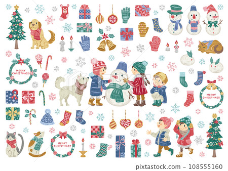 Winter children making snowmen, snowflakes, Christmas tree, presents, illustration material set 108555160