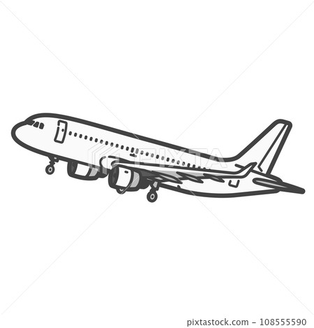 Illustration of a passenger plane/airplane with its landing gear (wheels) out during takeoff and landing 108555590