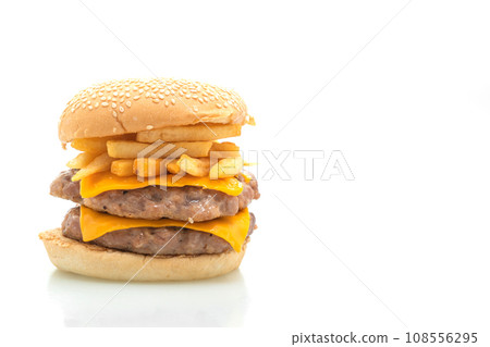 pork hamburger or pork burger with cheese and french fries on white background 108556295