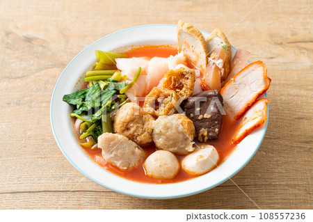 noodles with meatballs in pink soup noodles with meatballs in pink soup 108557236