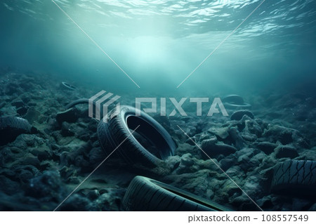 Pollution environmental problem in ocean. Old tyres dumped in sea 108557549