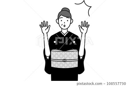 A senior woman in a kimono who raises her hand in surprise, at a New Year's shrine visit, a wedding, etc. 108557730