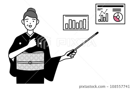 A senior woman in a kimono analyzing performance graphs, at a New Year's shrine visit, a wedding, etc. 108557741