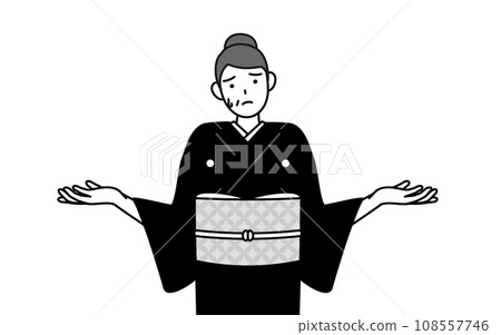 A senior woman in a kimono shrugs her shoulders and spreads her arms in trouble, at a New Year's shrine visit, a wedding, etc. A senior woman in a kimono shrugs her shoulders and spreads her arms in trouble, at a New Year's shrine visit, a wedding, etc. 108557746
