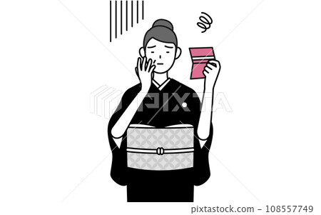 一位穿著和服的老年婦女在查看她的銀行存摺、新年參拜、婚禮等活動後看起來很沮喪。 108557749