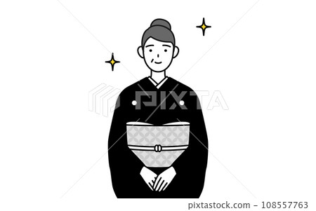 A senior woman in a kimono with her hands on her hips, at a New Year's shrine visit, a wedding, etc. 108557763