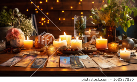 Fortune-telling tarot cards and magic accessories 108557850