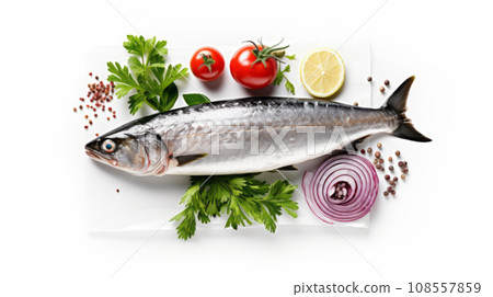 Raw mackerel scomber fish with ingredients for cooking in baking dish white background Raw mackerel scomber fish with ingredients for cooking in baking dish white background 108557859