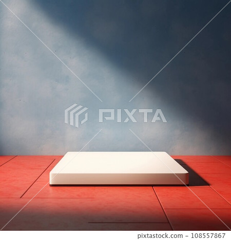 Abstract square template with red floor and white square exhibition stand on blue-gray background. AI generated image 108557867