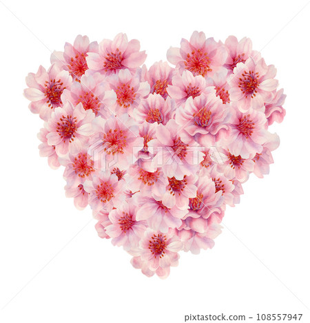 Watercolor pink heart drawn from cherry blossom flowers 108557947
