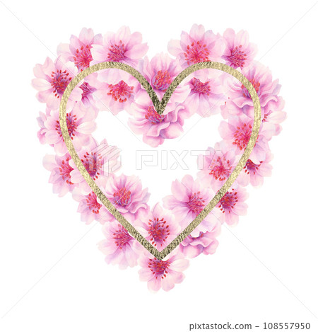 Watercolor pink heart drawn from cherry blossom flowers Watercolor pink heart drawn from cherry blossom flowers 108557950