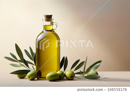 Bottle of olive oil and green olives with leaves on light background Bottle of olive oil and green olives with leaves on light background 108558176