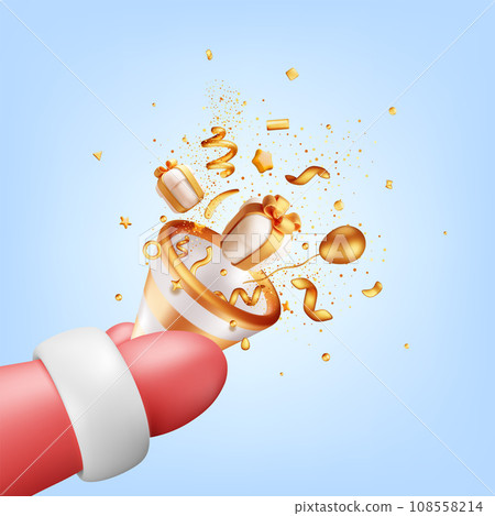 3D Party Popper with Confetti in Santa Claus Hand 108558214