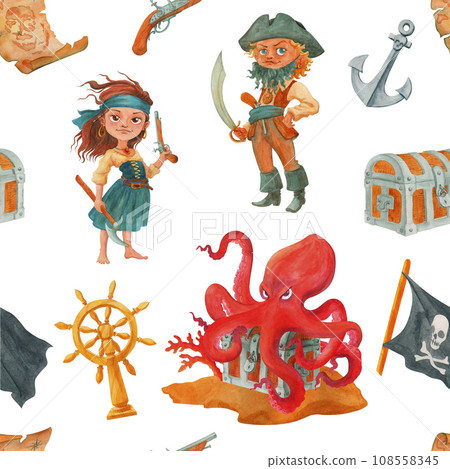 Cartoon seamless pattern with red and pirate characters and elements. Creative children decor for fabrics, packaging, textiles, wallpaper, clothing. 108558345