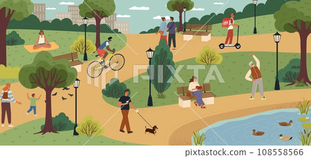 Different people walking, riding eco-friendly transport, training in park Different people walking, riding eco-friendly transport, training in park 108558566