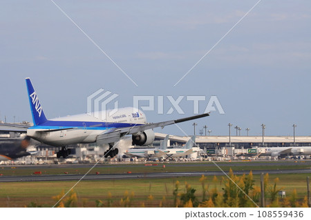 Passenger plane landing. Passenger plane arriving at Narita Airport. ANA plane. 108559436